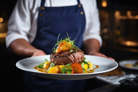 Chef presenting a gourmet steak dish with garnish on plate.の素材
