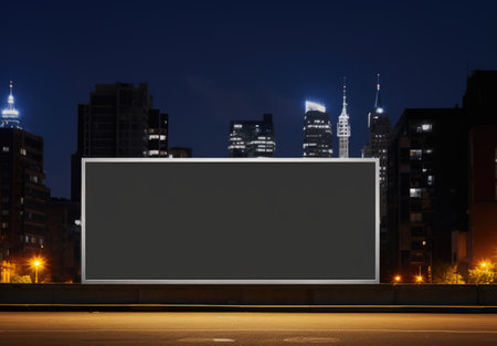 Billboard with illuminated skyscrapers in the background.の素材