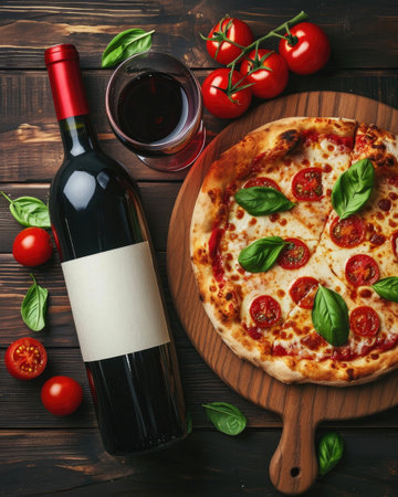 Pizza and wine, space for text.の素材