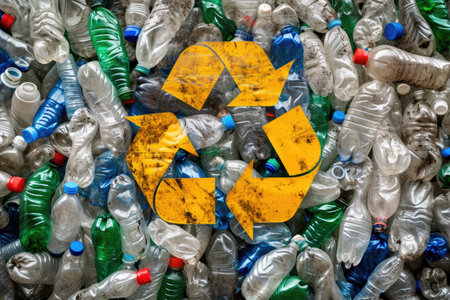 Plastic bottles with a yellow recycling symbol from above.の素材