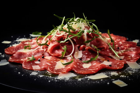 beef carpaccio with herbs and parmesan and olive oil.の素材