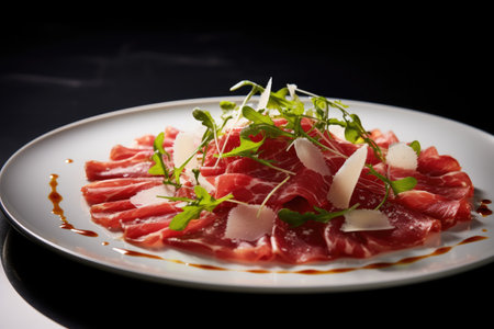beef carpaccio with herbs and parmesan and olive oil.の素材