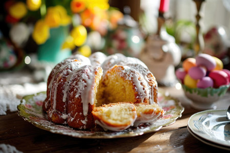 Easter cake with colorful sprinkles and willow branches.の素材