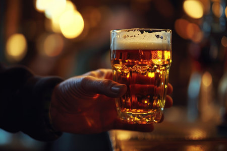 Hand holding a beer mug in bar, illuminated by lamps.の素材