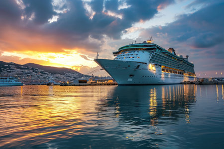 Cruise liner at sea during sunset.の素材