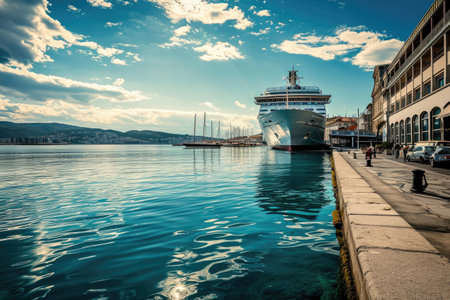 Huge cruise liner by the city waterfront.の素材