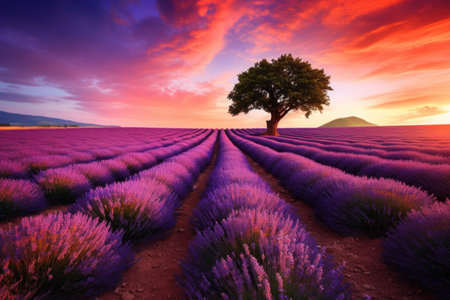 Sunset over a lavender field with a tree.の素材