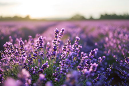 Sun shining through lavender field.の素材