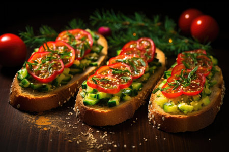 Assortment of gourmet bruschetta on a wooden tray, vibrant and colorful.の素材