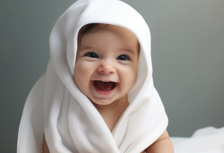 Baby in white towel smilingの素材