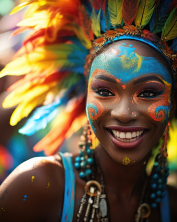 Woman in carnival costume with feathers and jewelry.の素材