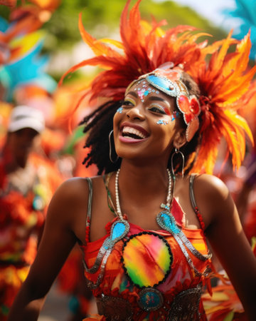 Joyful carnival dancer in a feathered costumeの素材