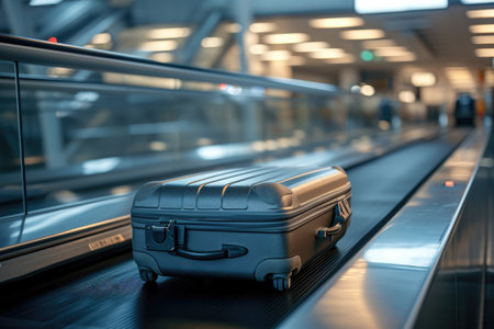 Silver suitcase on conveyor belt.の素材