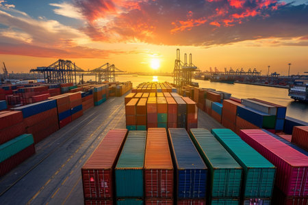 Container terminal at sunset. Sea tradeの素材