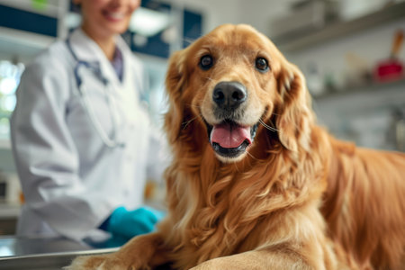 Golden retriever at vet checkup.の写真素材