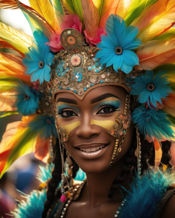 Bright carnival participant in blue feathered costumeの素材