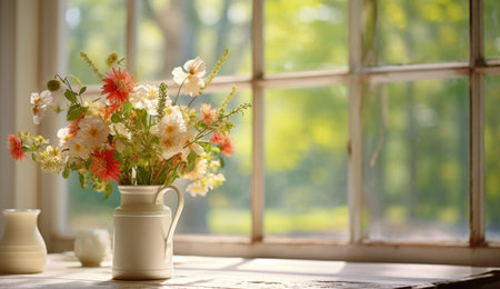 Bright bouquet on window overlooking summer landscapeの素材