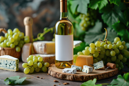 Bottle of white wine and cheese on a wooden board with grapes.の素材