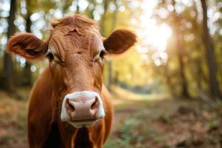 Cow in forest with sun rays shining through treesの素材