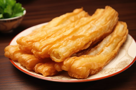 Youtiao on a plate with parsley.の素材