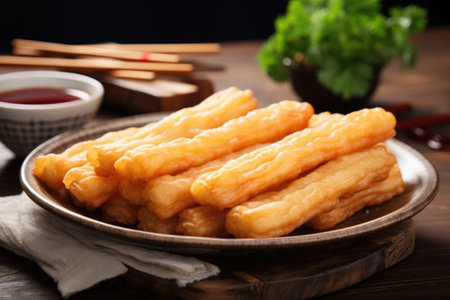 Youtiao on a plate with parsley.の素材