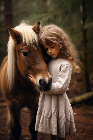 Small cute girl embraces a pony outdoors.の素材