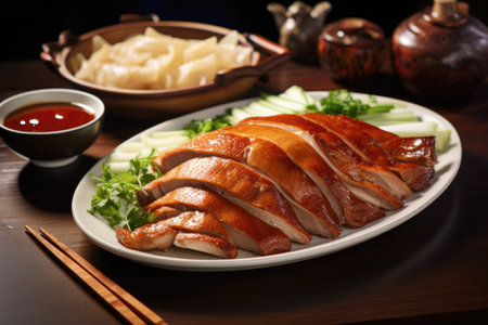 Peking duck on white plate with vegetables.の素材