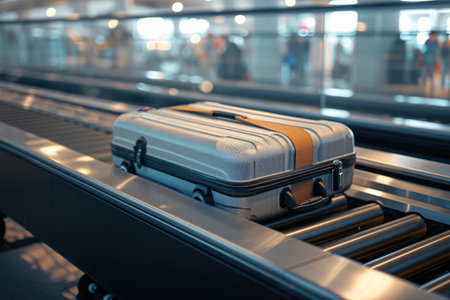 Silver suitcase on conveyor belt.の素材