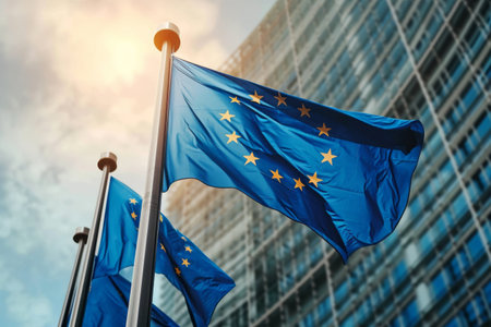 EU flag against EU building.の素材