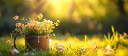 Basket of flowers on a sunny meadow.の素材