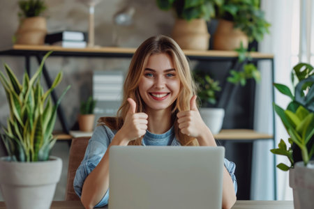 Student with laptop showing thumbs up.の素材