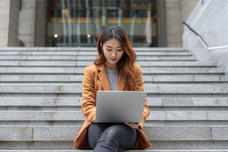 Woman in coat working on laptop on stepsの素材