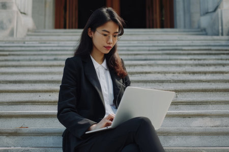 Woman in business suit working on laptop on stepsの素材