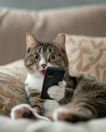 Surprised cat looking at smartphone with tongue out.の素材