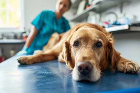 Retriever on vet's table. Caring for a pet in a veterinary clinicの素材