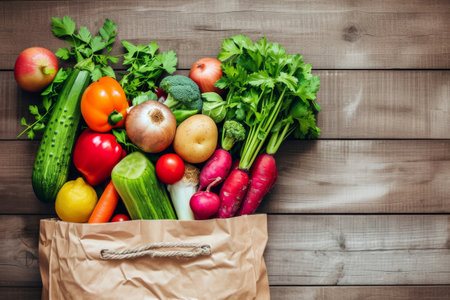 Fresh vegetables and fruits in paper bag on a wooden backgroundの素材