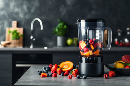 Fruit smoothie in blender on table with ingredients.の素材