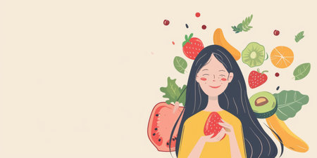 Illustration of a girl with fruits on light backgroundの素材