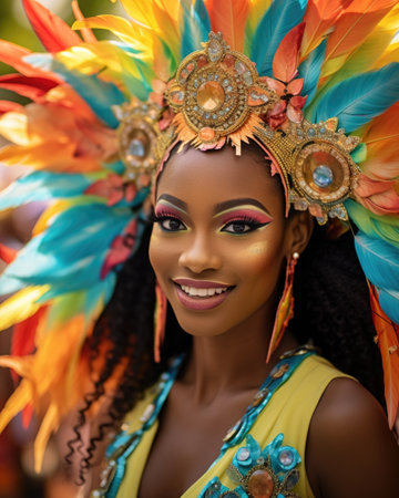 Woman in carnival costume with feathers and jewelry.の素材