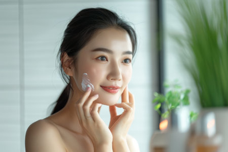 Smiling woman applying cream to face.の素材
