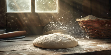 Dough on wooden board, rolling pin, flour on table.の素材