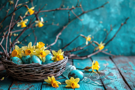 Easter eggs in a basket surrounded by daffodils on a blue background.の素材