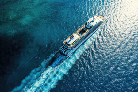 Cruise liner at sea from above, sunlight reflecting on waters.の素材