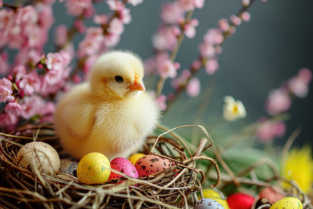 Chick with Easter eggs among spring flowersの素材