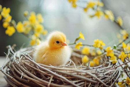 Chick in nest with background of spring yellow flowersの素材