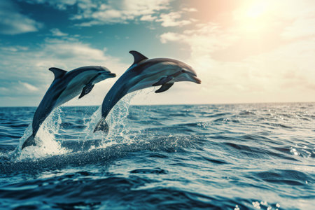 Dolphins jumping out of the water against the backdrop of sunset.の素材