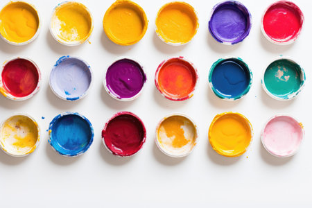 Colorful acrylic paints in open pots on a white background.の素材