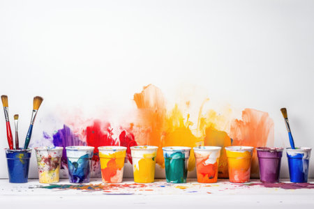 Bright artistic paints and brushes with smeared paints in the background.の素材