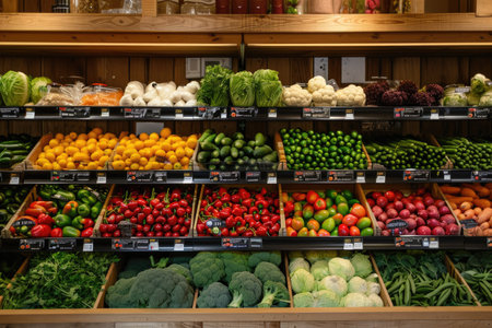 Assorted fresh vegetables on a store shelf.の素材