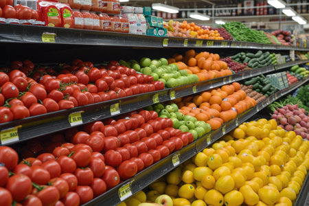 Various fresh fruits and vegetables on a market shelf.の素材